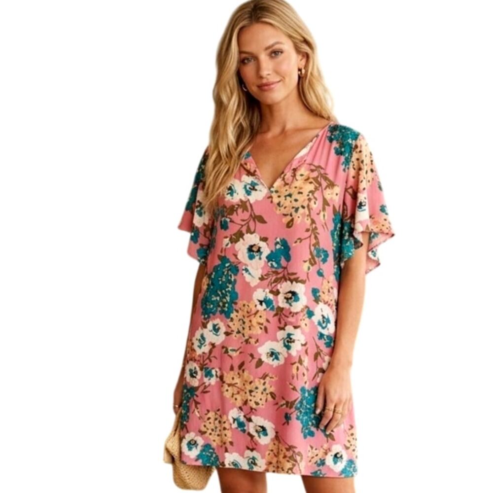 Umgee Floral Shift Dress Womens XL Dusty Rose Flutter Sleeve Boho Mini Tunic